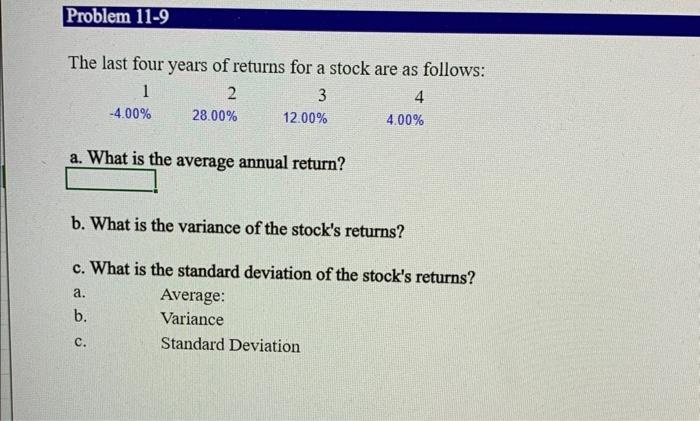 Solved The last four years of returns for a stock are as | Chegg.com