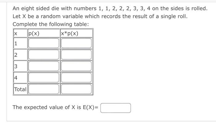 Solved An Eight Sided Die With Numbers 1,1,2,2,2,3,3,4 On | Chegg.com