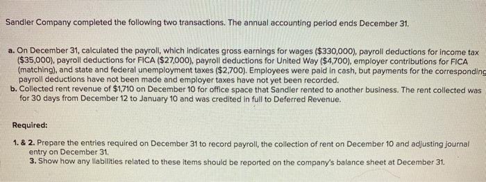 Solved Sandler Company Completed The Following Two | Chegg.com