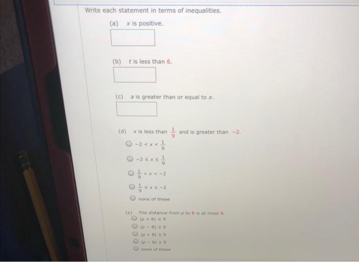 Solved Write each statement in terms of inequalities. (a) x | Chegg.com