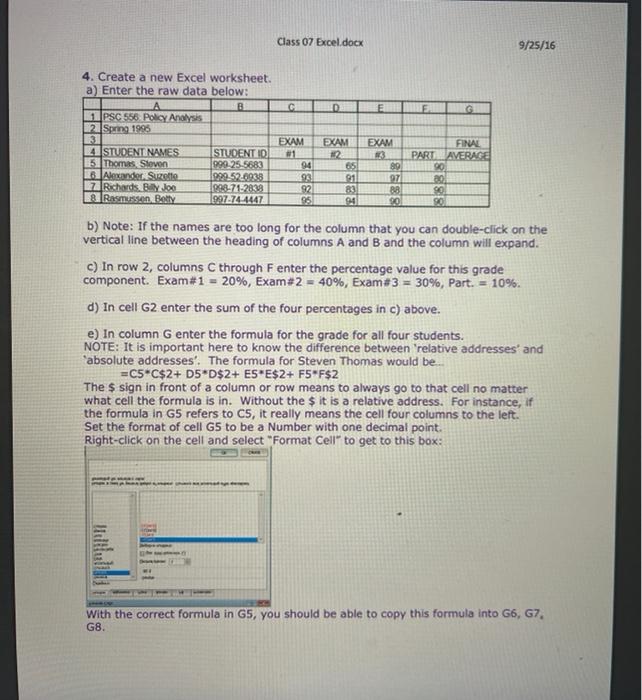 Solved Class 07 Excel Docx 9 25 16 D E F 4 Create A New Chegg Com