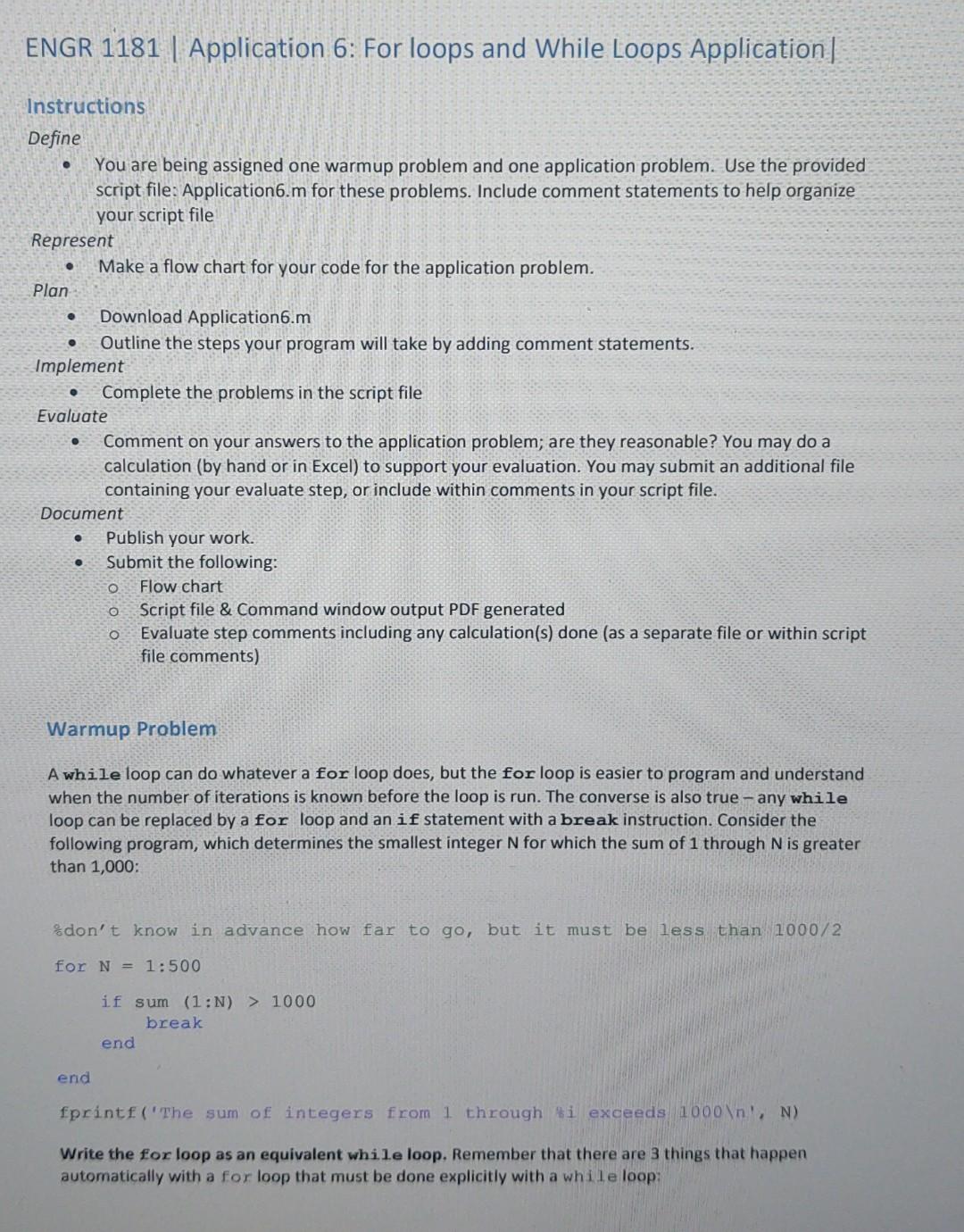 Solved ENGR 1181 | Application 6: For loops and While Loops | Chegg.com