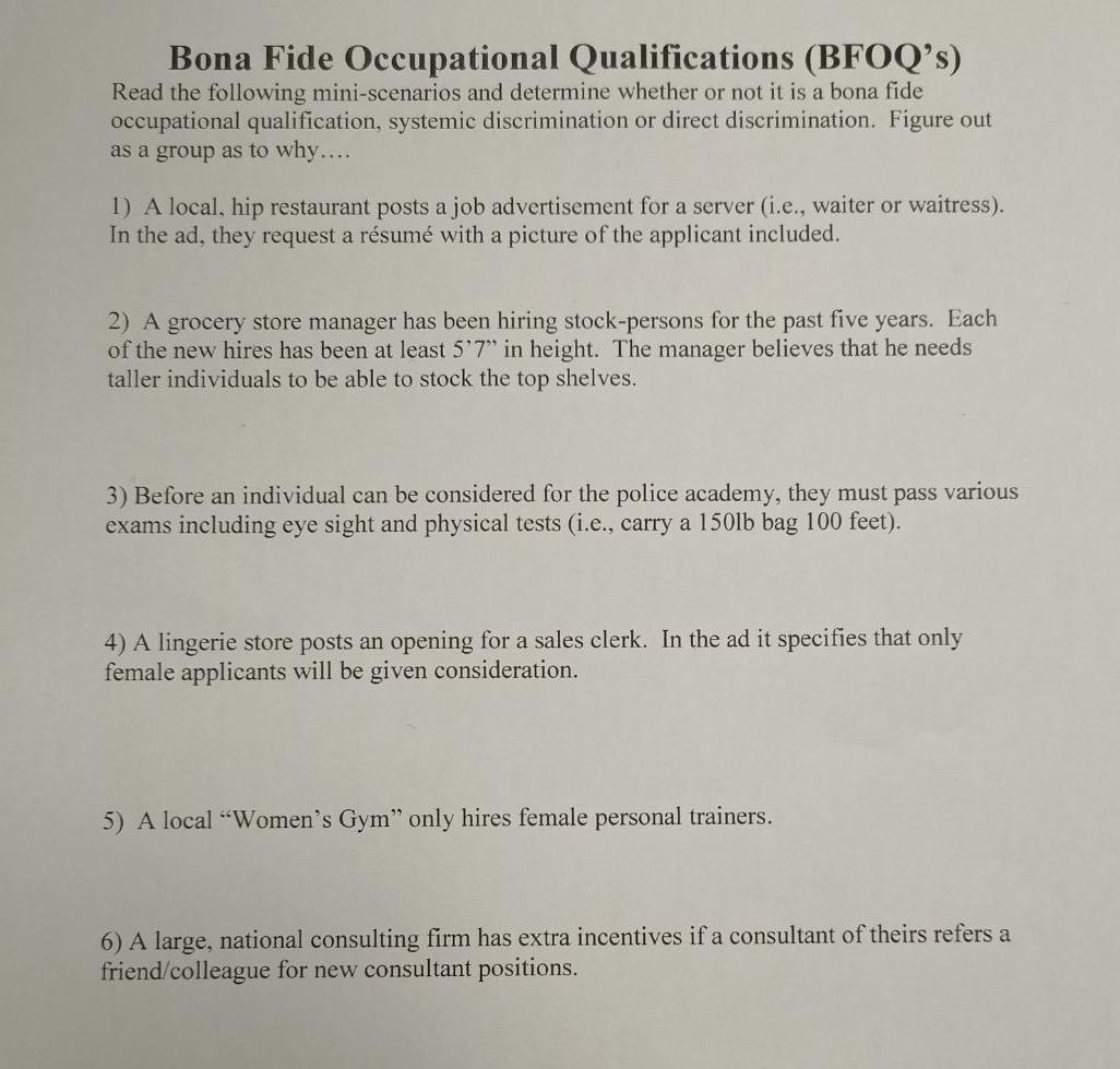 Solved Bona Fide Occupational Qualifications (BFOQ's)Read