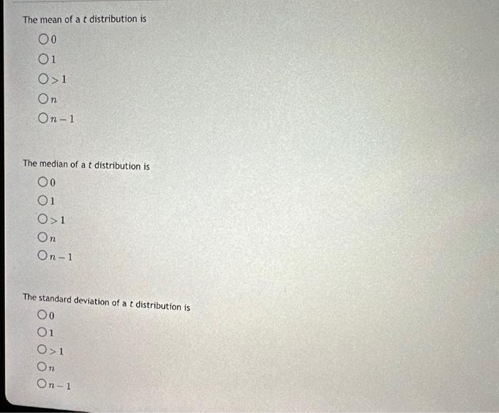 t distribution has a mean and standard deviation of