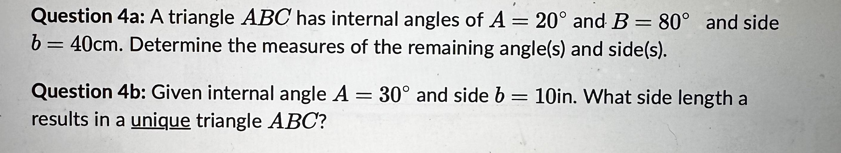 Solved Question 4a: A triangle ABC has internal angles of | Chegg.com
