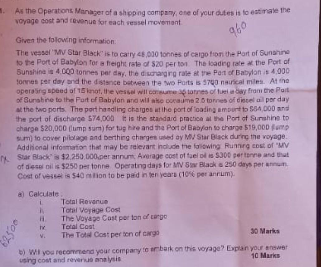 Solved As the Operations Manager of a shipping company, one