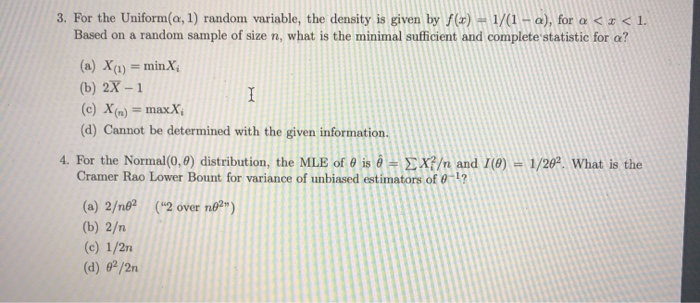 Solved 3. For the Uniform(a, 1) random variable, the density | Chegg.com