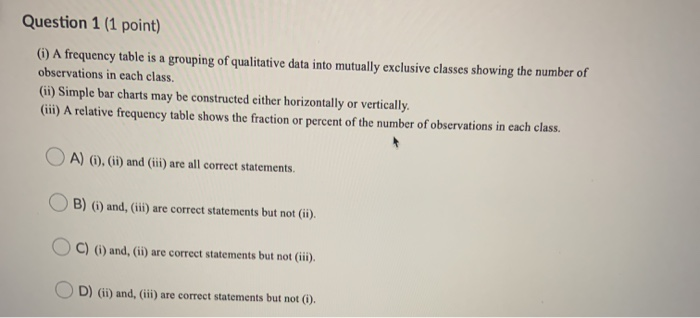 Solved Question 1 (1 point) (1) A frequency table is a | Chegg.com