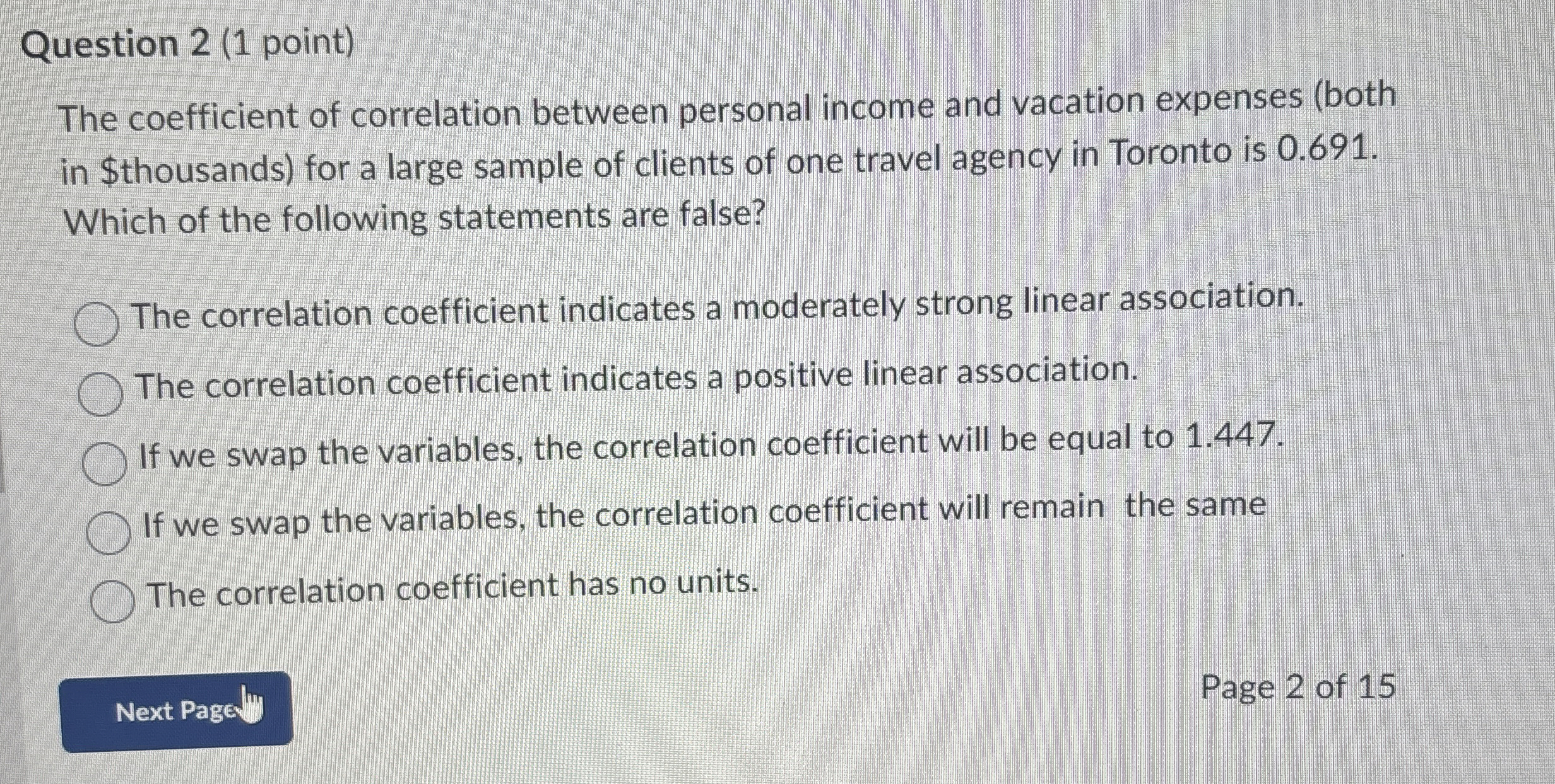 Solved Question 2 (1 ﻿point)The coefficient of correlation | Chegg.com