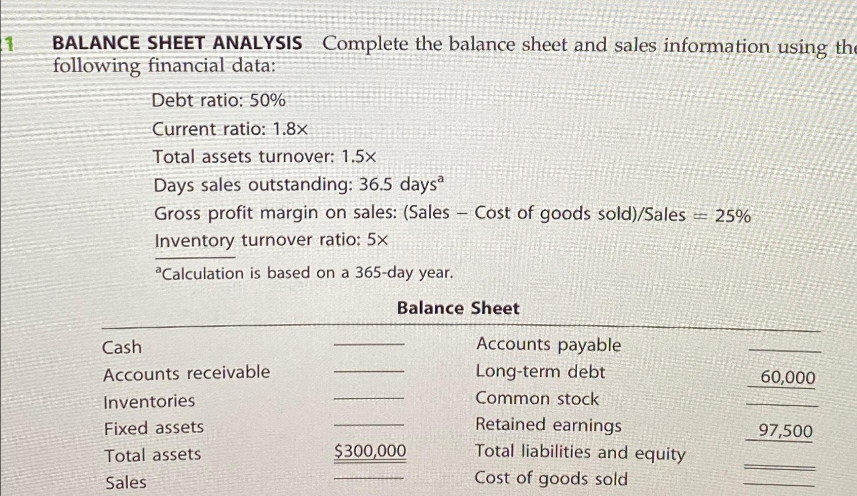 Solved 1 ﻿BALANCE SHEET ANALYSIS Complete The Balance Sheet | Chegg.com