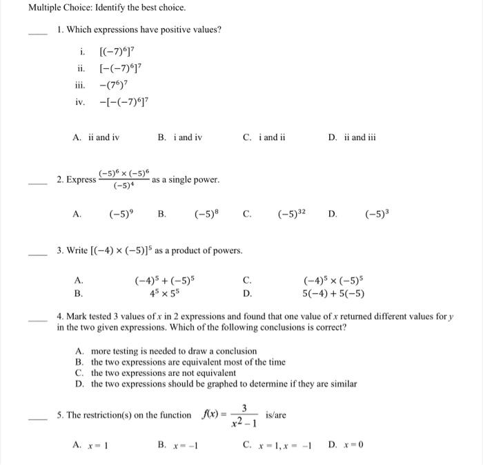 Solved 1. Which Expressions Have Positive Values? I. 