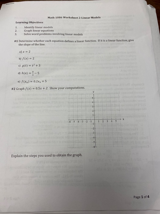 Solved Math 1086 Worksheet 2-Linear Models Learning | Chegg.com