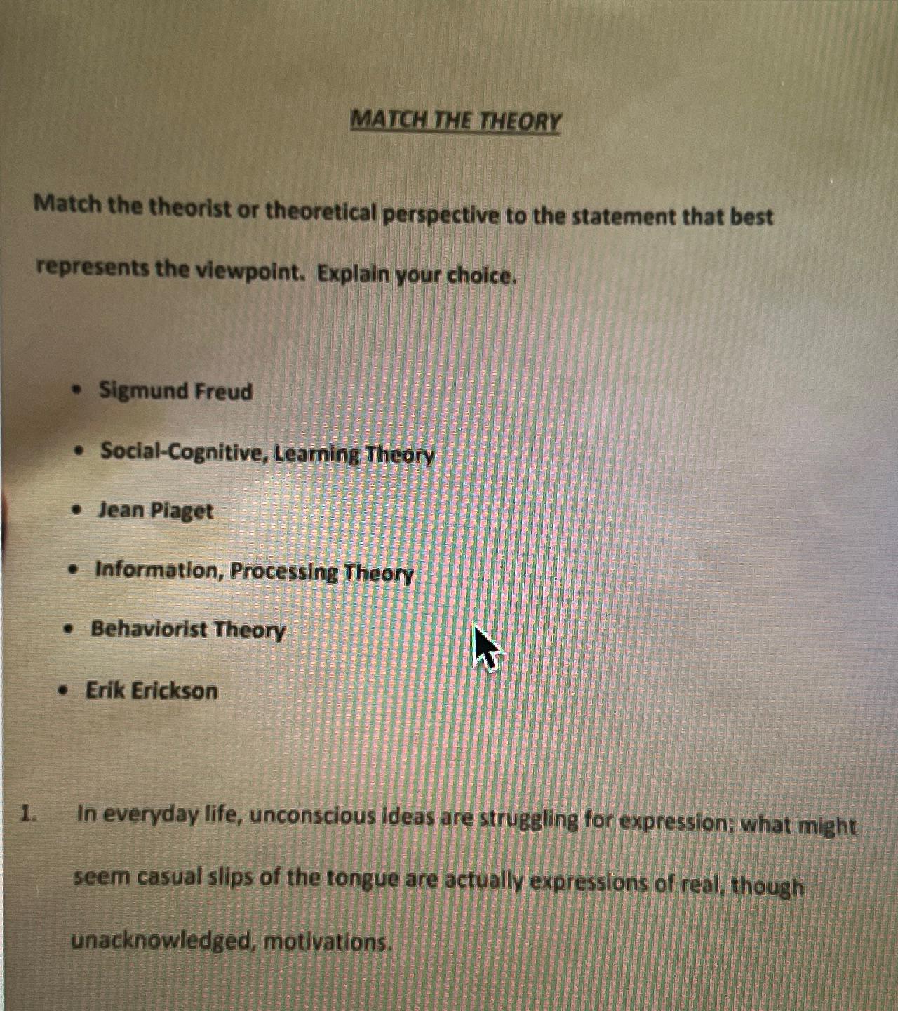 Solved MATCH THE THEORYMatch the theorist or theoretical Chegg