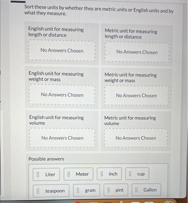 Solved Sort these units by whether they are metric units or | Chegg.com