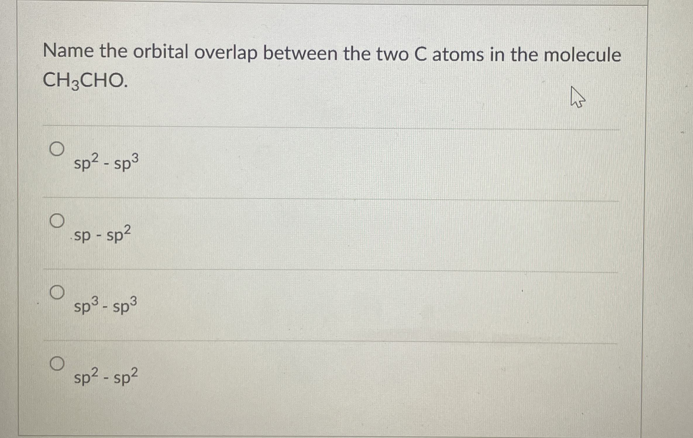 Solved Name the orbital overlap between the two C atoms in | Chegg.com