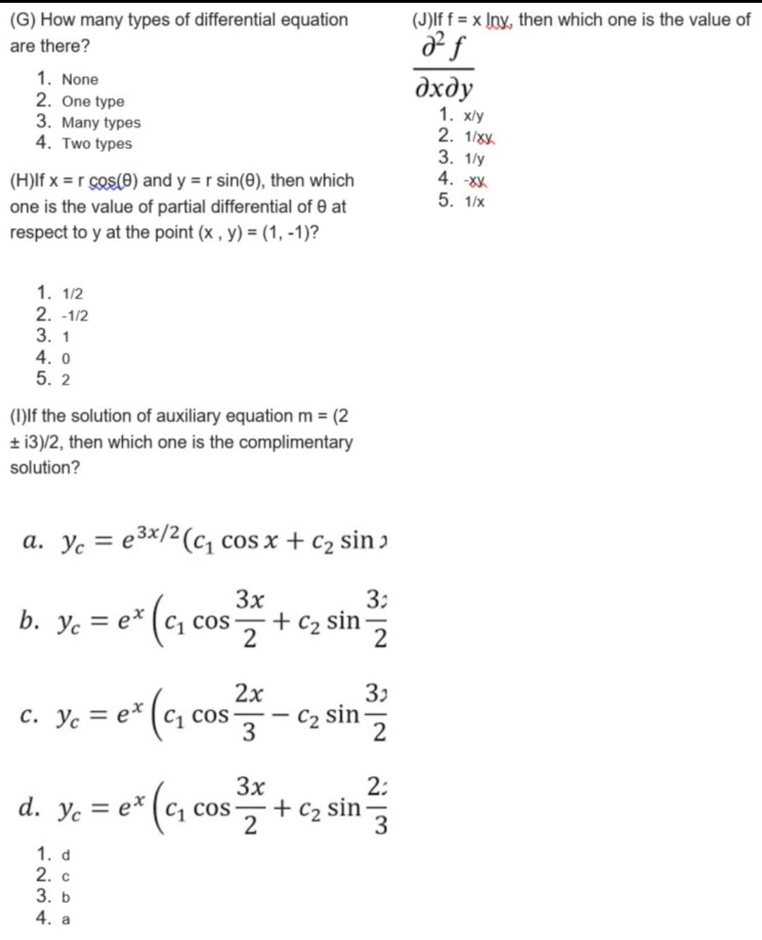 Solved (J)If f = x Iny, then which one is the value of (G) | Chegg.com