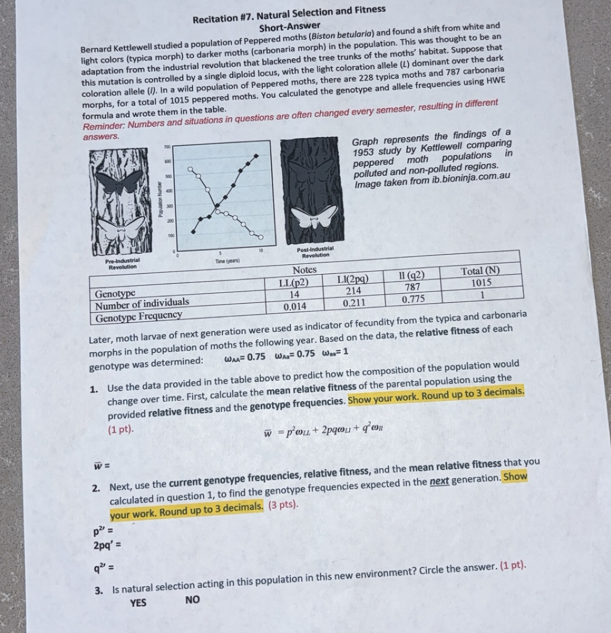 Solved Recitation #7. ﻿Natural Selection And | Chegg.com