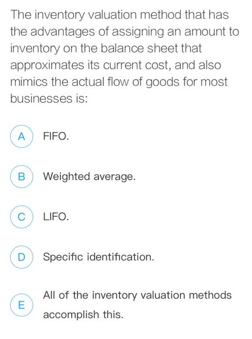 Solved The Inventory Valuation Method That Has The | Chegg.com