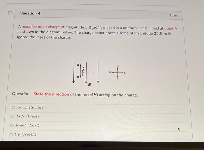 Solved D Question 4 1 pts A negative point charge of | Chegg.com