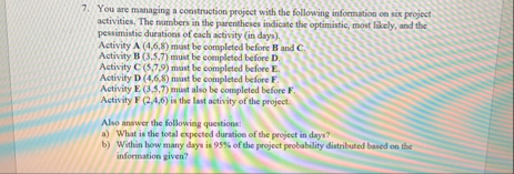 Solved You are managing a construction project with the | Chegg.com