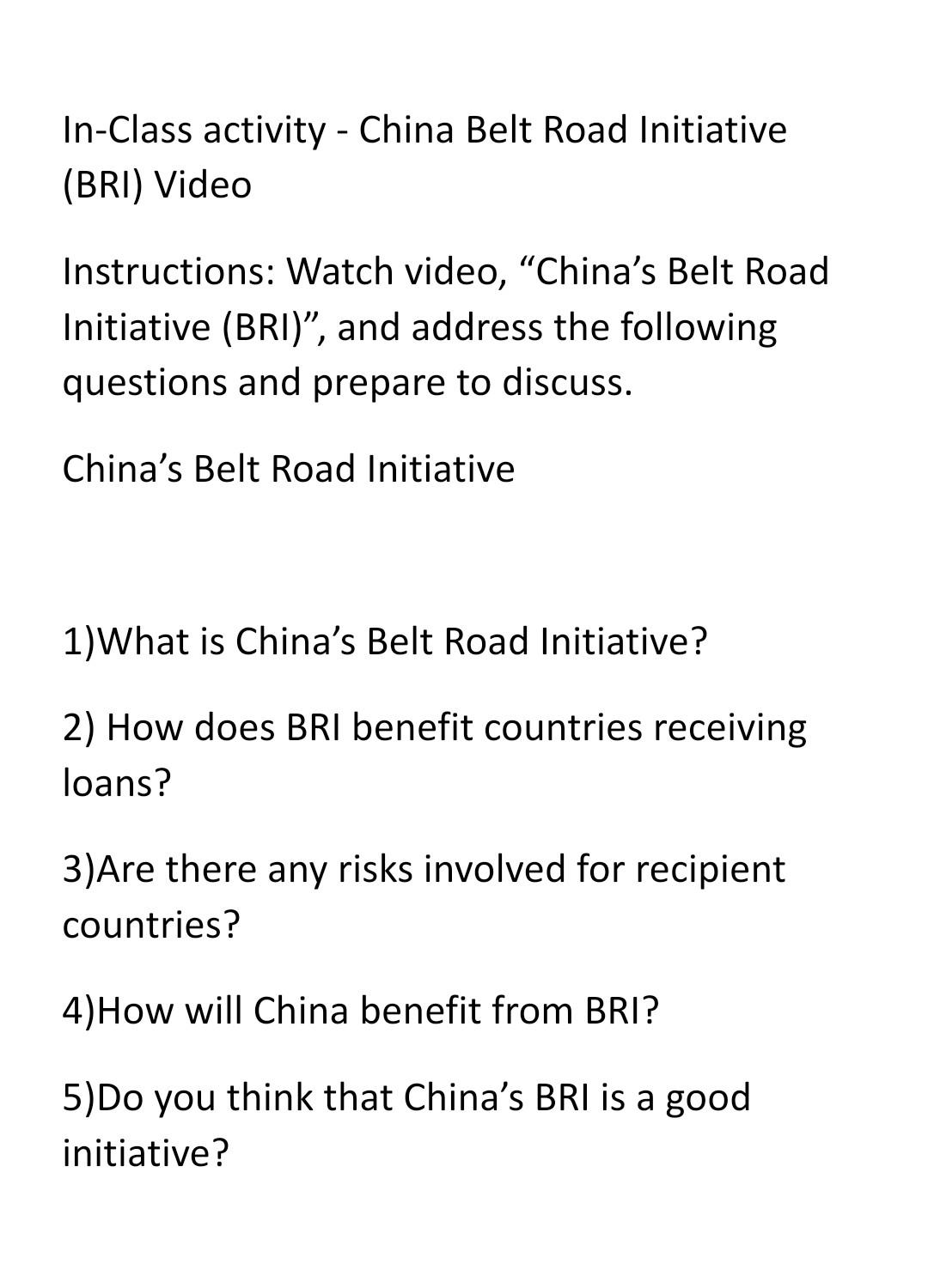 Solved InClass activity China Belt Road Initiative (BRI)