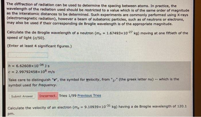 Solved The diffraction of radiation can be used to determine | Chegg.com