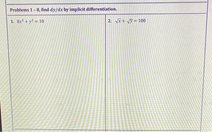 Solved Problems 1 - 8, Find Dy/dx By Implicit | Chegg.com