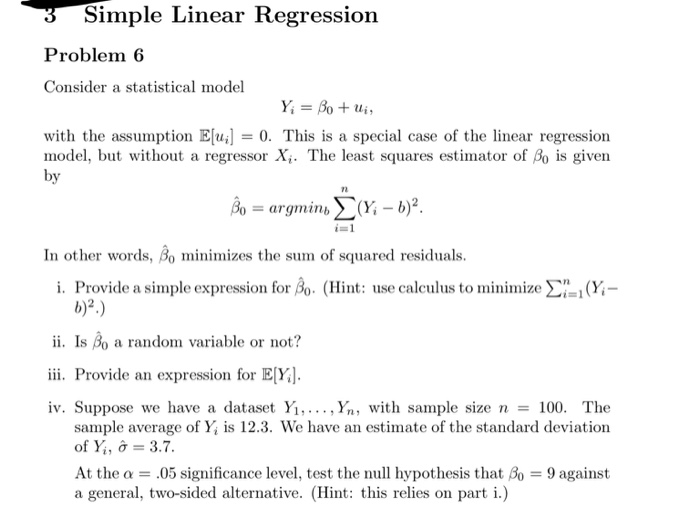 Solved 3 Simple Linear Regression Problem 6 Consider A | Chegg.com