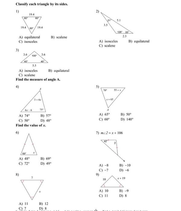 Solved Classify each triangle by its sides. 1) 19.4 60" 60 | Chegg.com