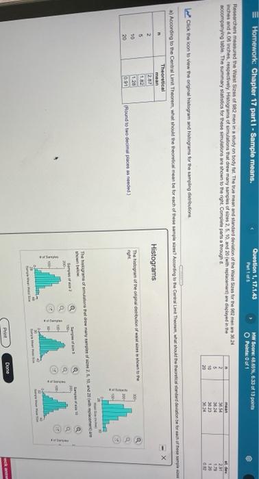Solved = Homework: Chapter 17 part 1 - Sample means. | Chegg.com