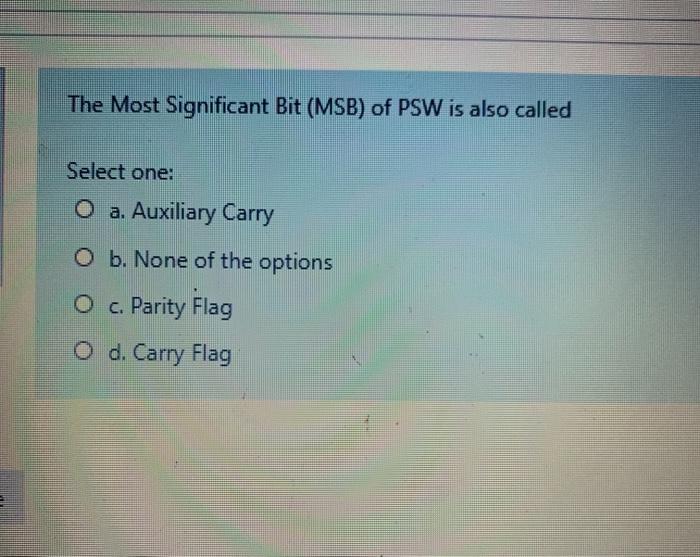 Solved The Most Significant Bit (MSB) of PSW is also called | Chegg.com