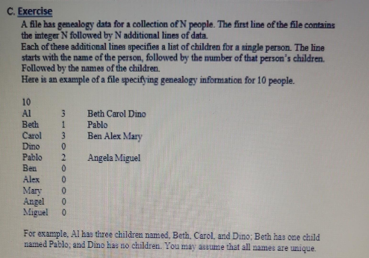 Solved C. Exercise A file has genealogy data for a | Chegg.com