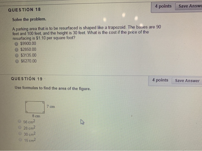 Solved 4 points Save Answe QUESTION 18 Solve the problem. A | Chegg.com