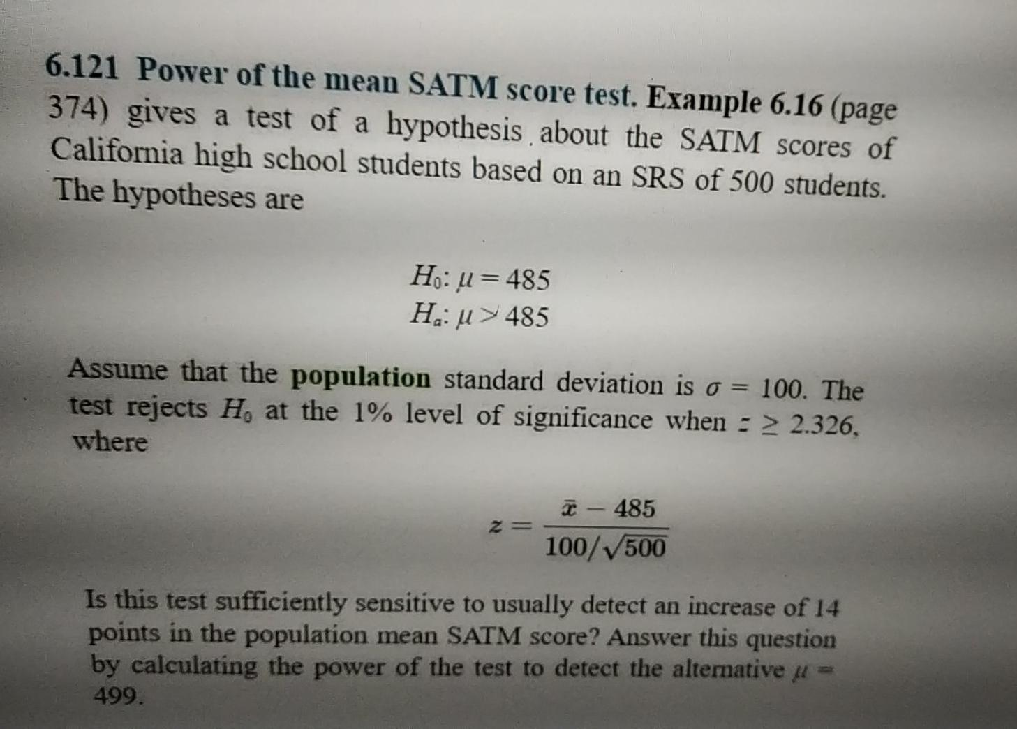 Solved 6.121 Power of the mean SATM score test. Example 6.16 | Chegg.com