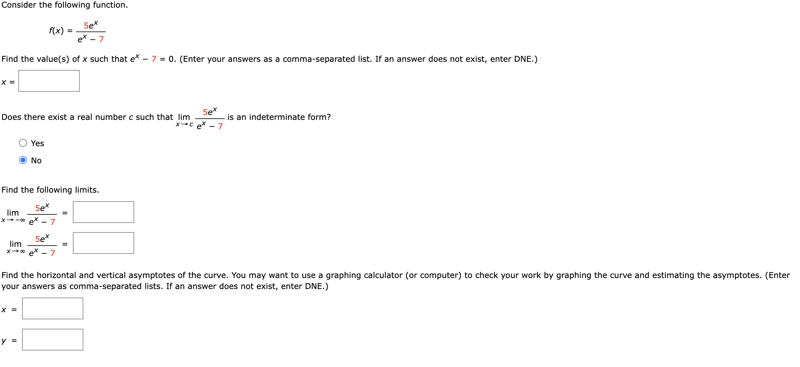 Solved Consider the following function.f(x) = ﻿5exex - 7 | Chegg.com
