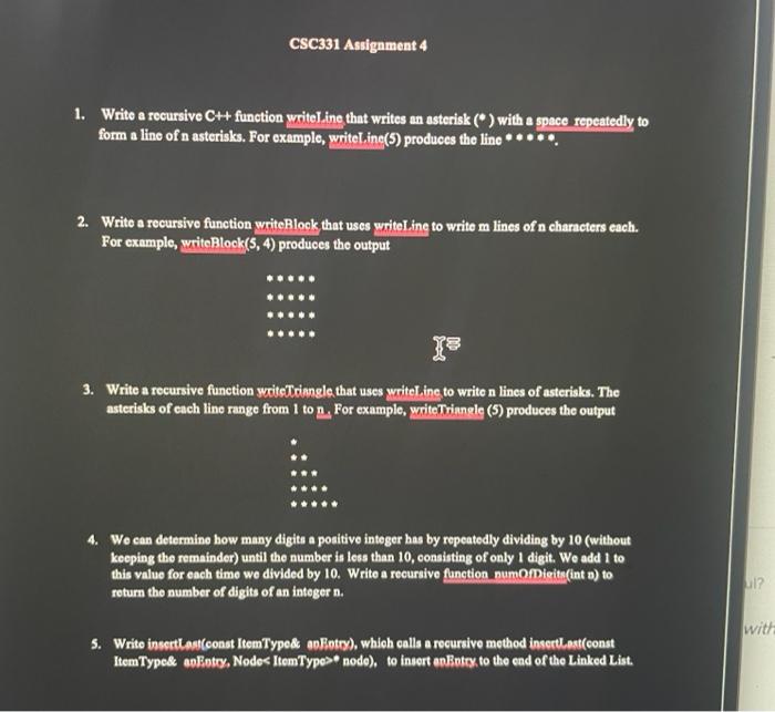 Solved CSC331 Assignment 4 1. Write a recursive C++ function | Chegg.com