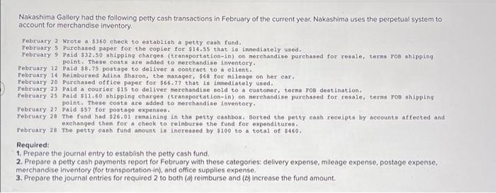 Solved Nakashima Gallery Had The Following Petty Cash Chegg