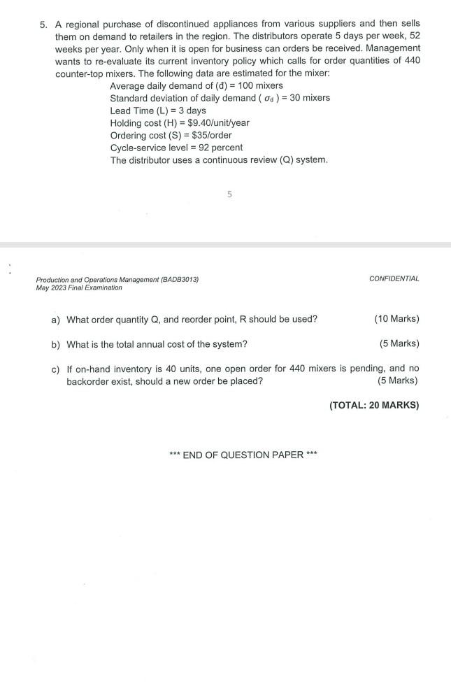 Solved 5. A regional purchase of discontinued appliances