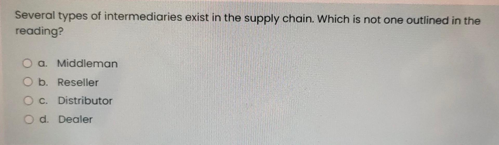 Solved Several types of intermediaries exist in the supply | Chegg.com