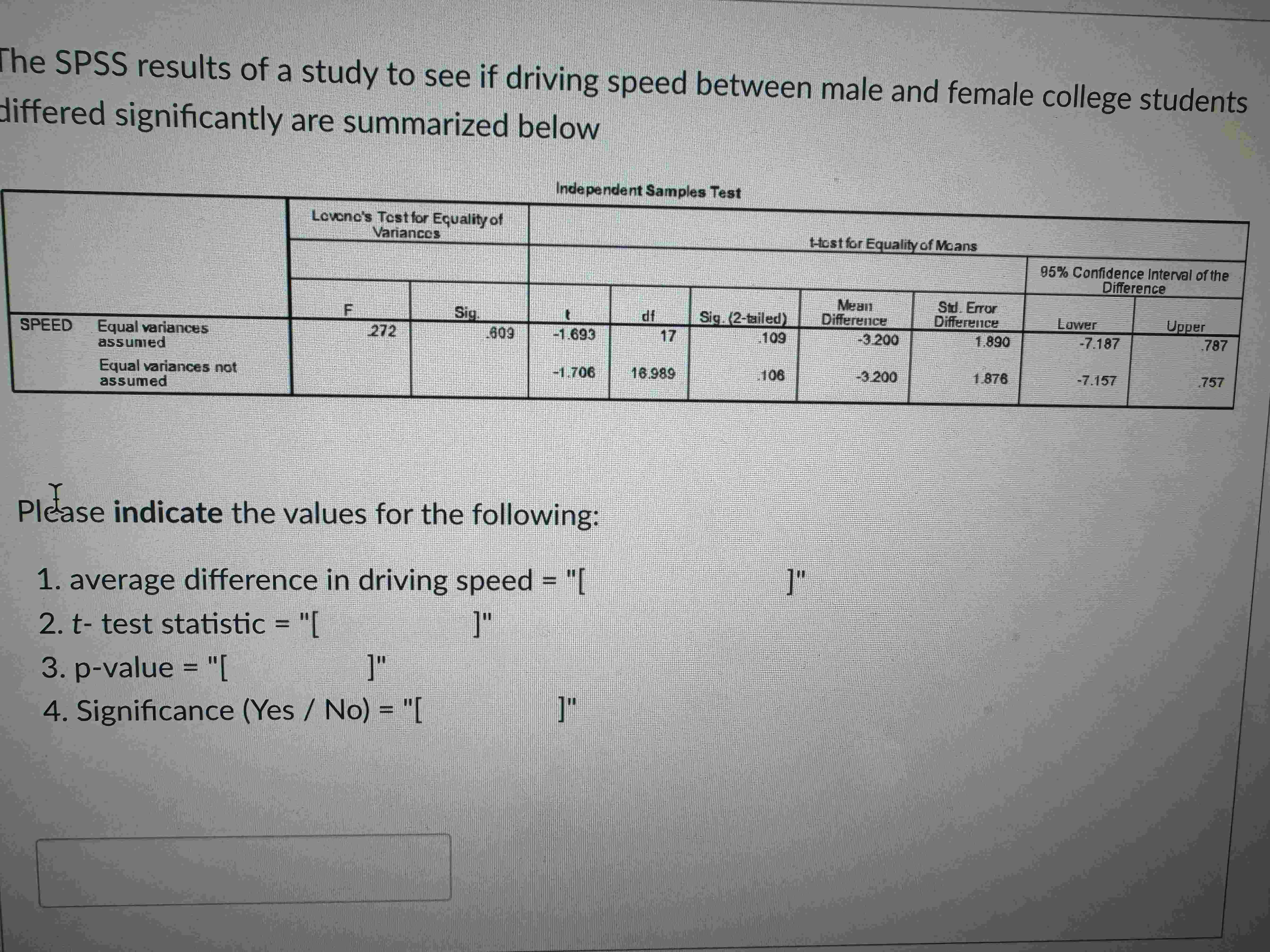Solved The SPSS results of a study to see if driving speed | Chegg.com