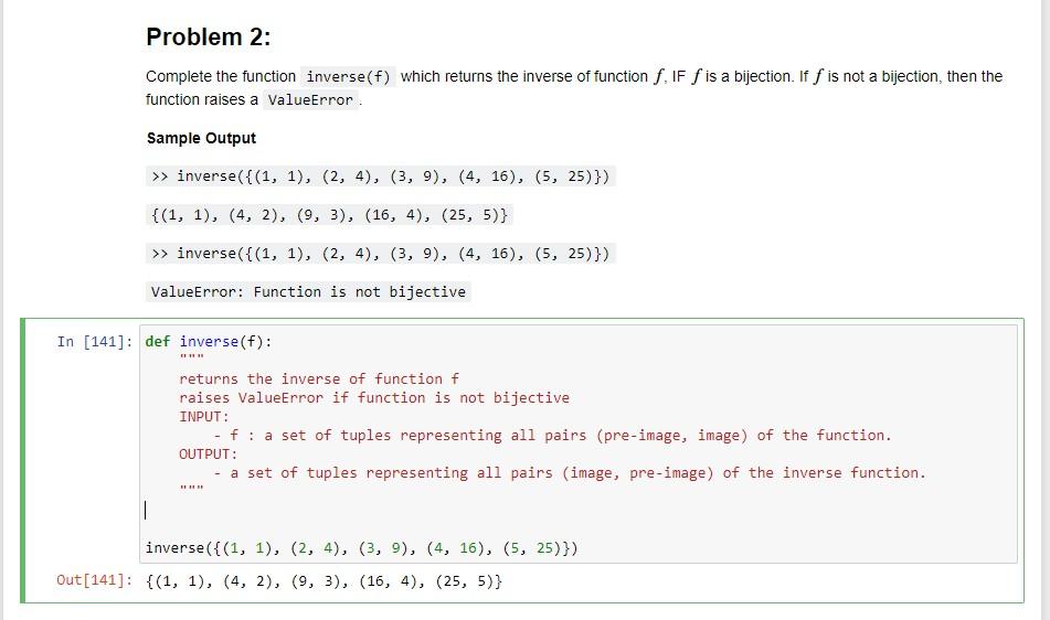 Solved Problem 2: Complete the function inverse(f) which | Chegg.com