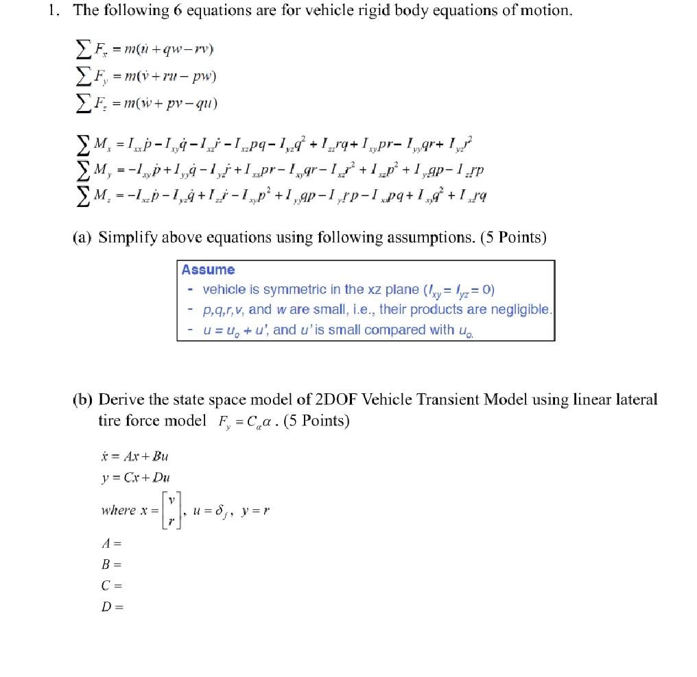 The following 6 equations are for vehicle rigid body | Chegg.com