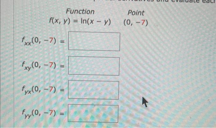 Function Point \( f(x, y)=\ln (x-y) \quad(0,-7) \) \( f_{x x}(0,-7)= \) \( f_{x y}(0,-7)= \) \( f_{y x}(0,-7)= \) \( f_{y y}(