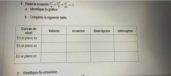 4. Dada la ecuación \( \frac{x^{2}}{4}+\frac{y^{2}}{9}+\frac{z^{2}}{36}=1 \) a. Identifique la gráfica b. Complete la siguien