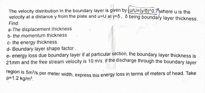 Solved The velocity distribution in the boundary layer is | Chegg.com