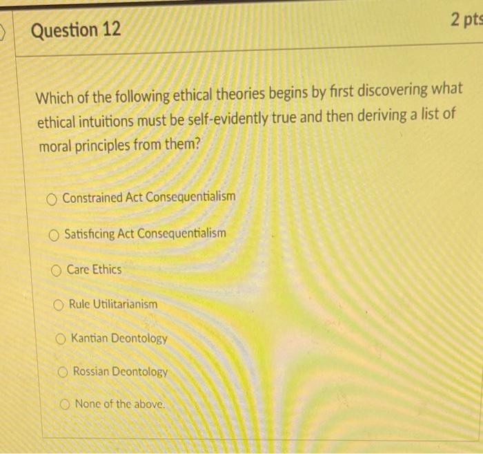 Solved 2 pts 3 Question 12 Which of the following ethical | Chegg.com