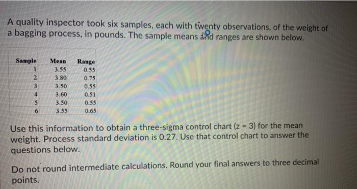 Solved A quality inspector took six samples, each with | Chegg.com