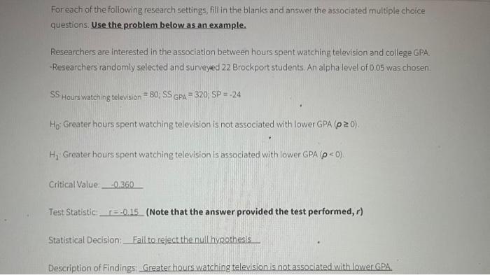 For each of the following research settings, fill in | Chegg.com