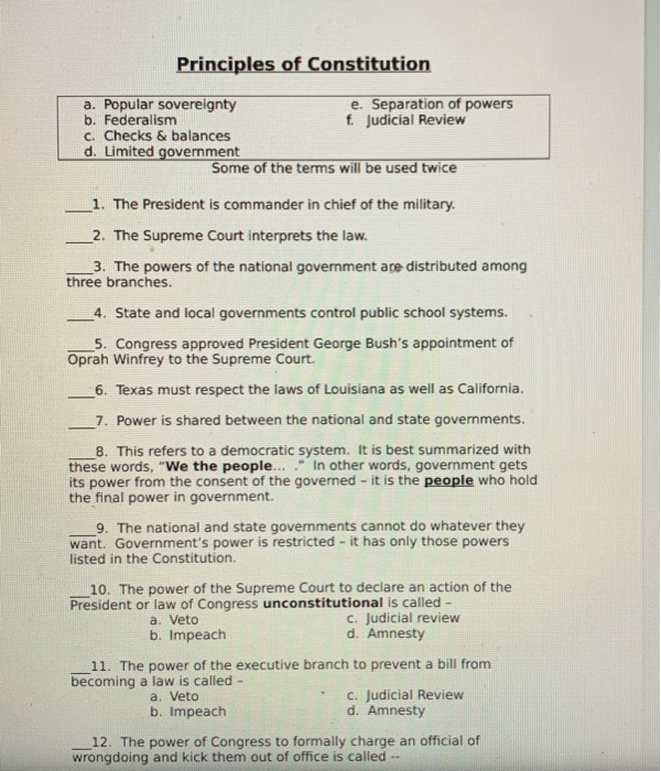 Principles Of Constitution A. Popular Sovereignty E. | Chegg.com