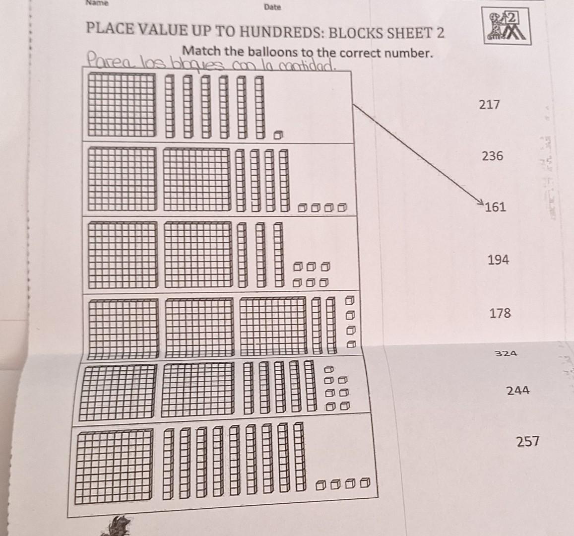 PLACE VALUE UP TO HUNDREDS: BLOCKS SHEET 2 Match the balloons to the correct number. Match the balloons to the Parea los blaq